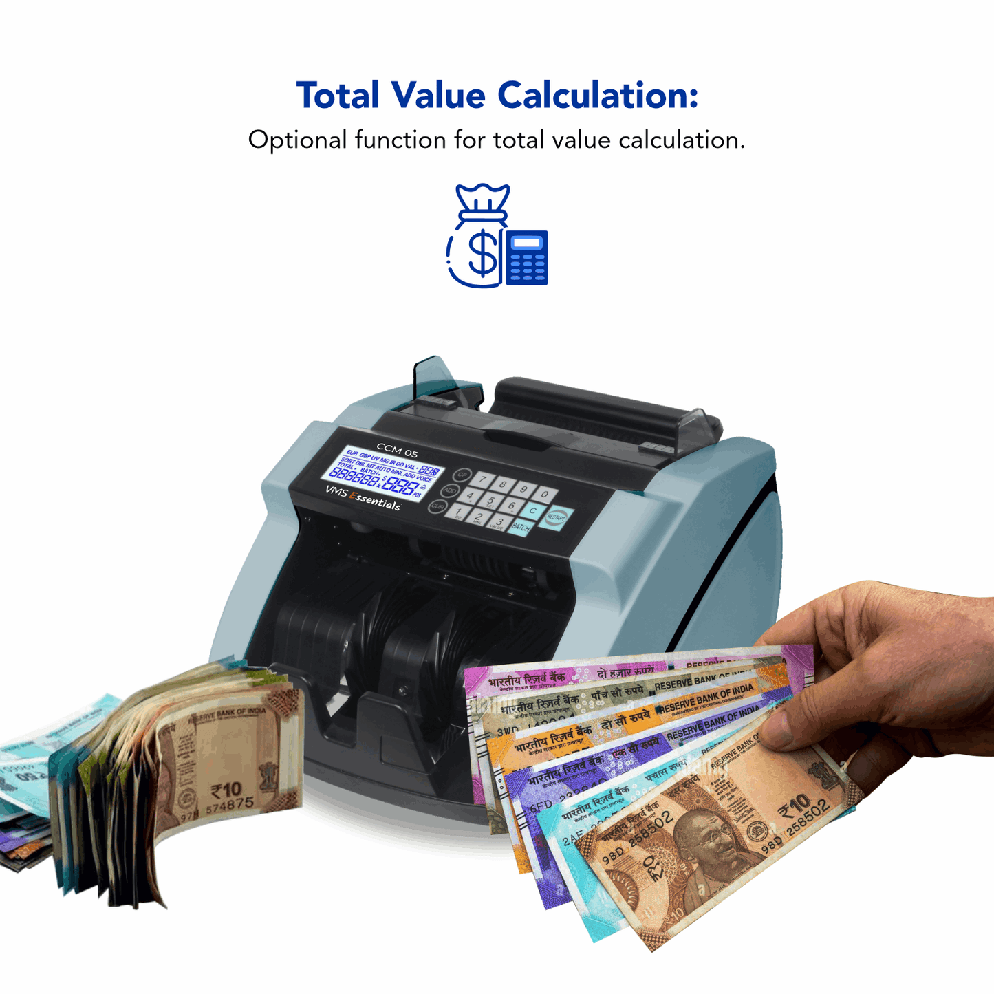 VMS Essentials CCM05 Semi Value Note/Currency Counter - Advanced Counterfeit Detection with UV, MG,IR Sensors and 6 Months offsite Warranty.