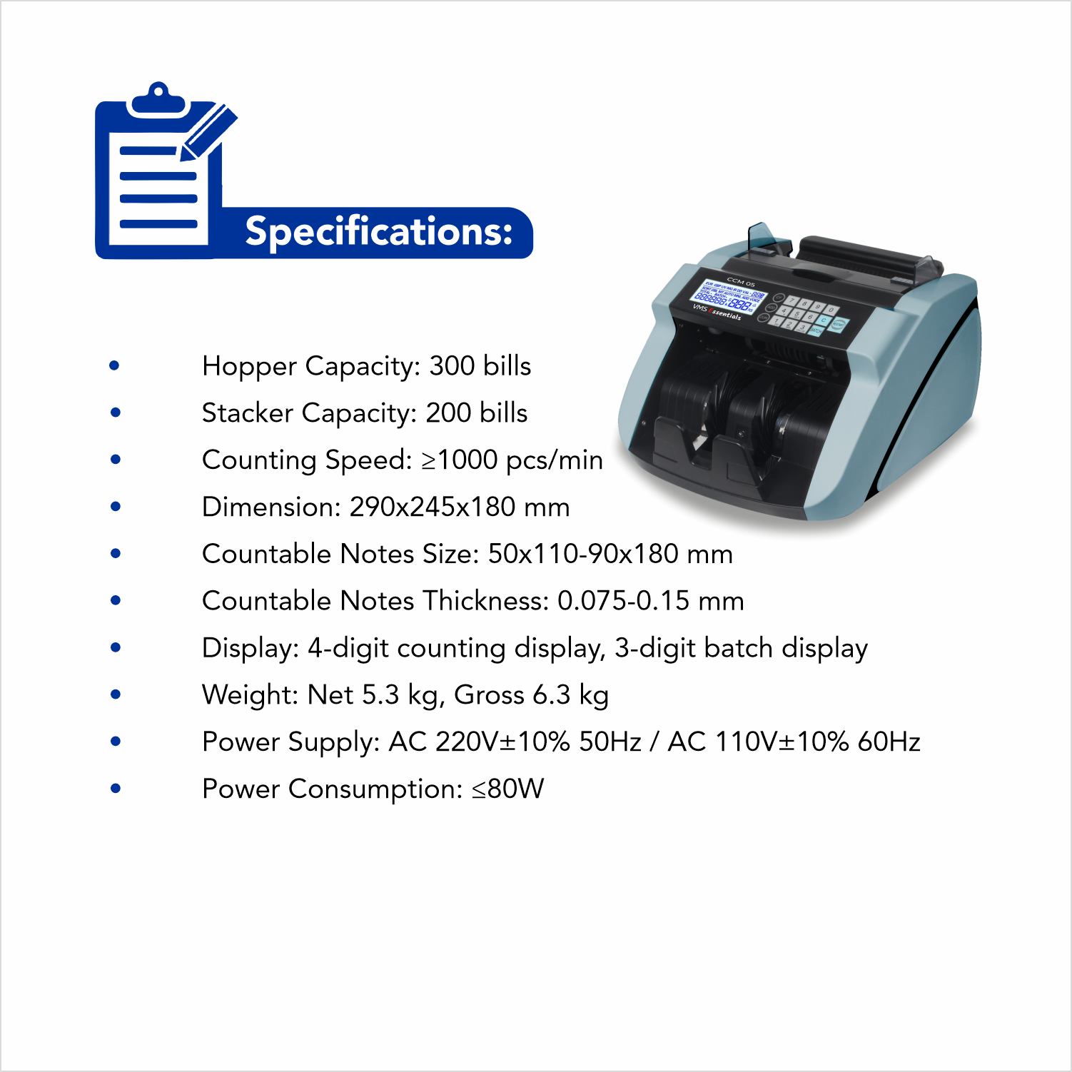 VMS Essentials Note Counters CCM05 Specifications