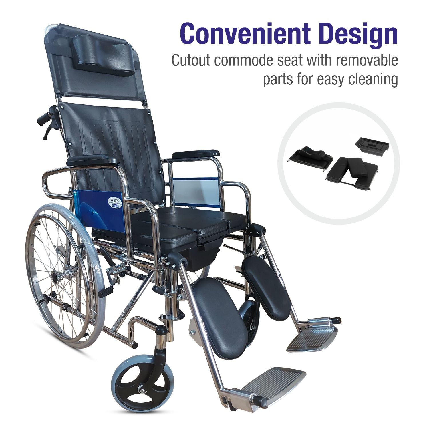 VMS Careline Foldable Recliner Commode Wheelchair Design