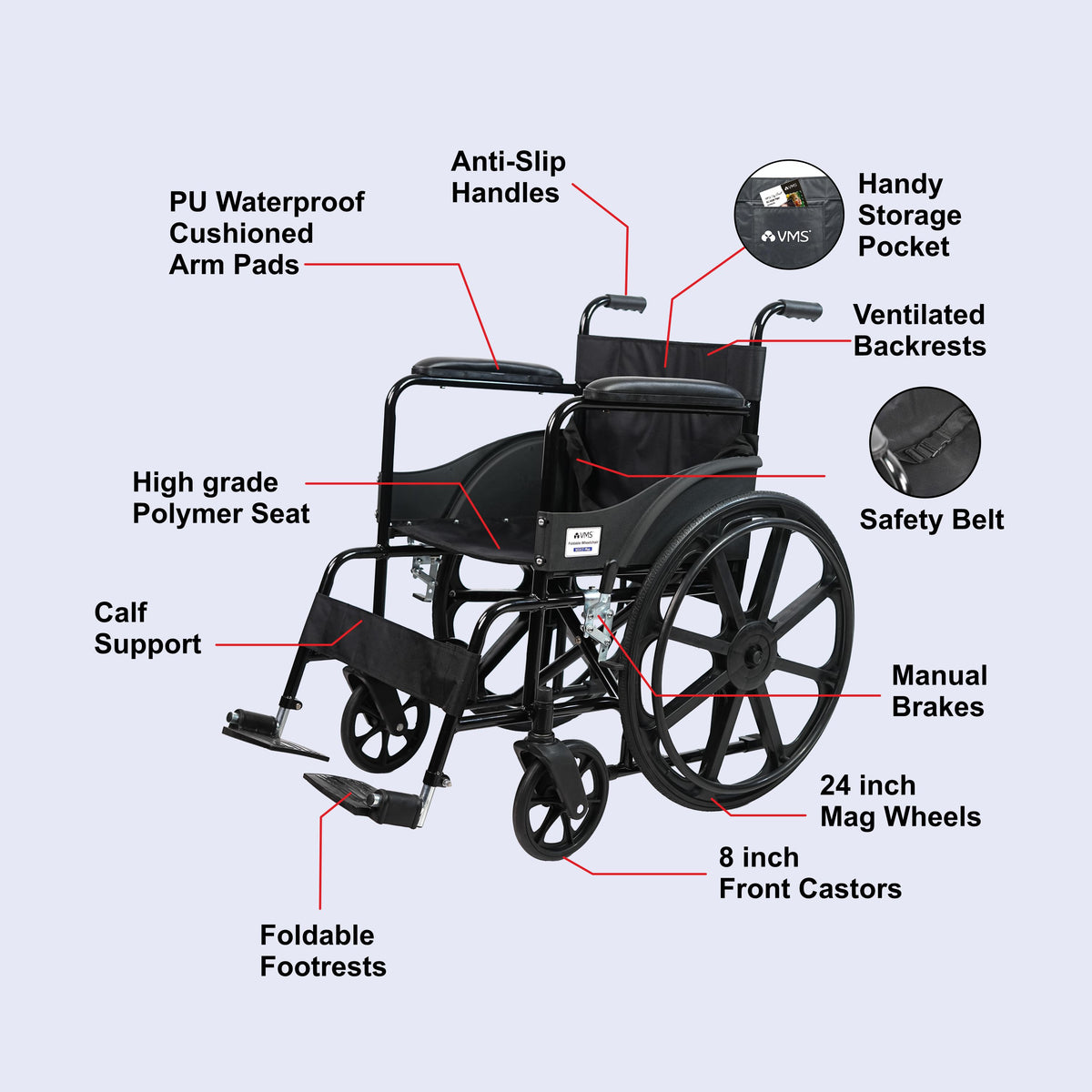 VMS Careline Foldable Manual Wheelchair - Select Plus