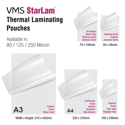 VMS StarLam Thermal Laminating Pouches Sizes Available