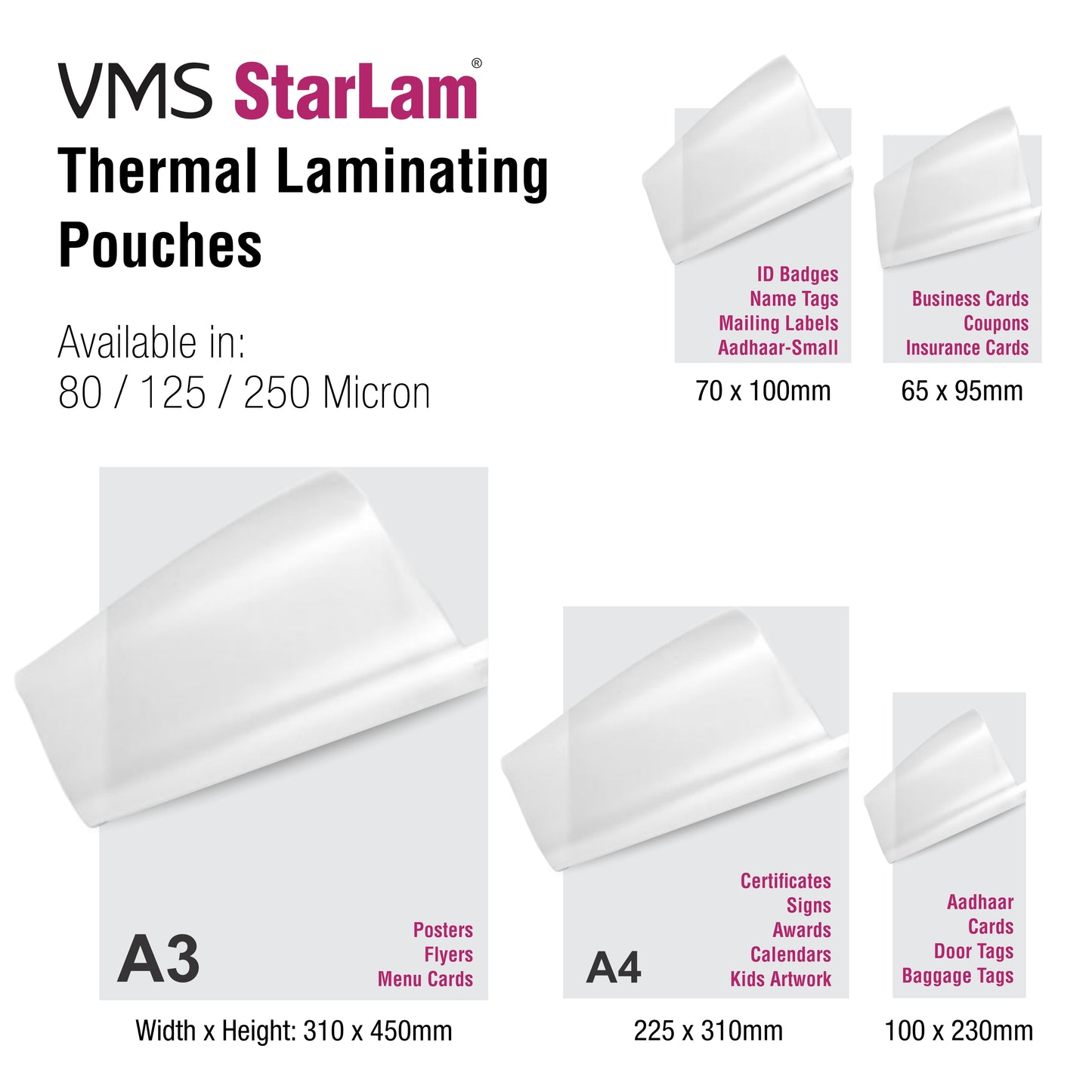 VMS StarLam Thermal Laminating Pouches Sizes