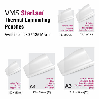 VMS Starlam Thermal Laminating Pouch Size Chart