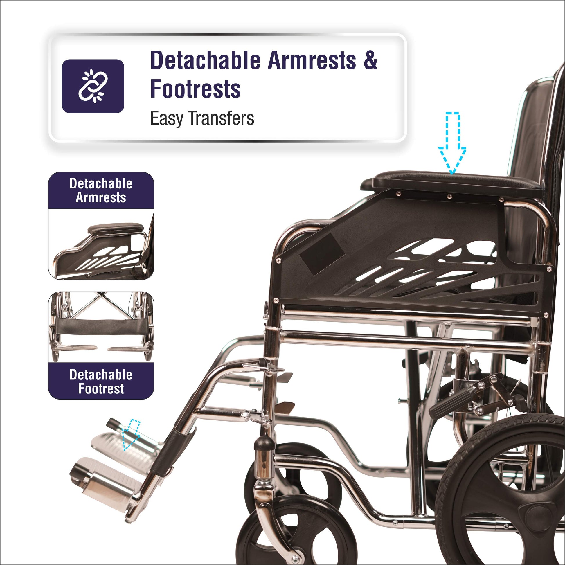 VMS Careline Wheelchair with detachable armrests and footrests