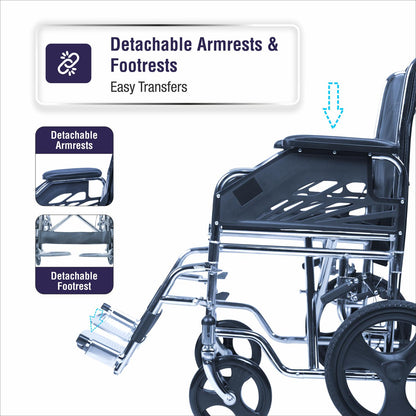 Foldable Transit Wheelchair with Detachable Armrests and Footrests