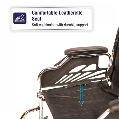 Wheelchair with a comfortable leatherette seat and text indicating soft cushioning with durable support.