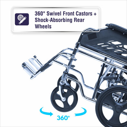 VMS Careline Foldable Transit Wheelchair with 360-degree swivel front casters and shock-absorbing Rear wheels 