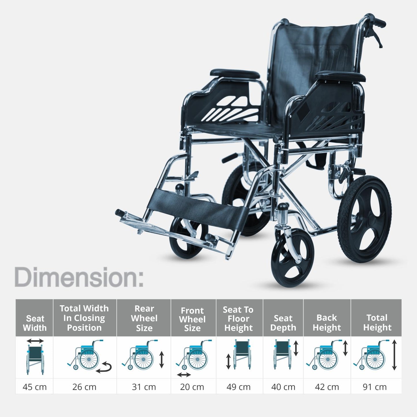 VMS Careline Foldable Transit Wheelchair Dimension