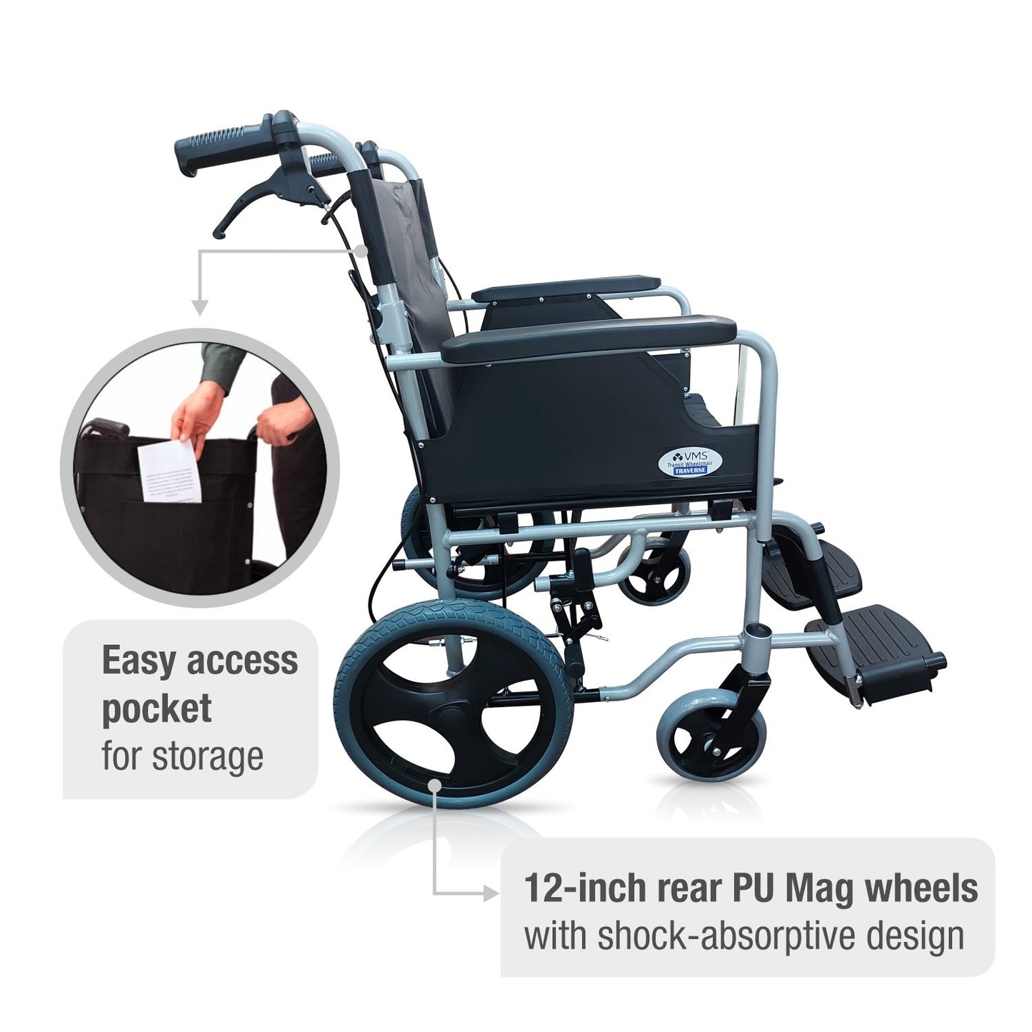 VMS Foldable Transit Wheelchair Ease Access Pocket