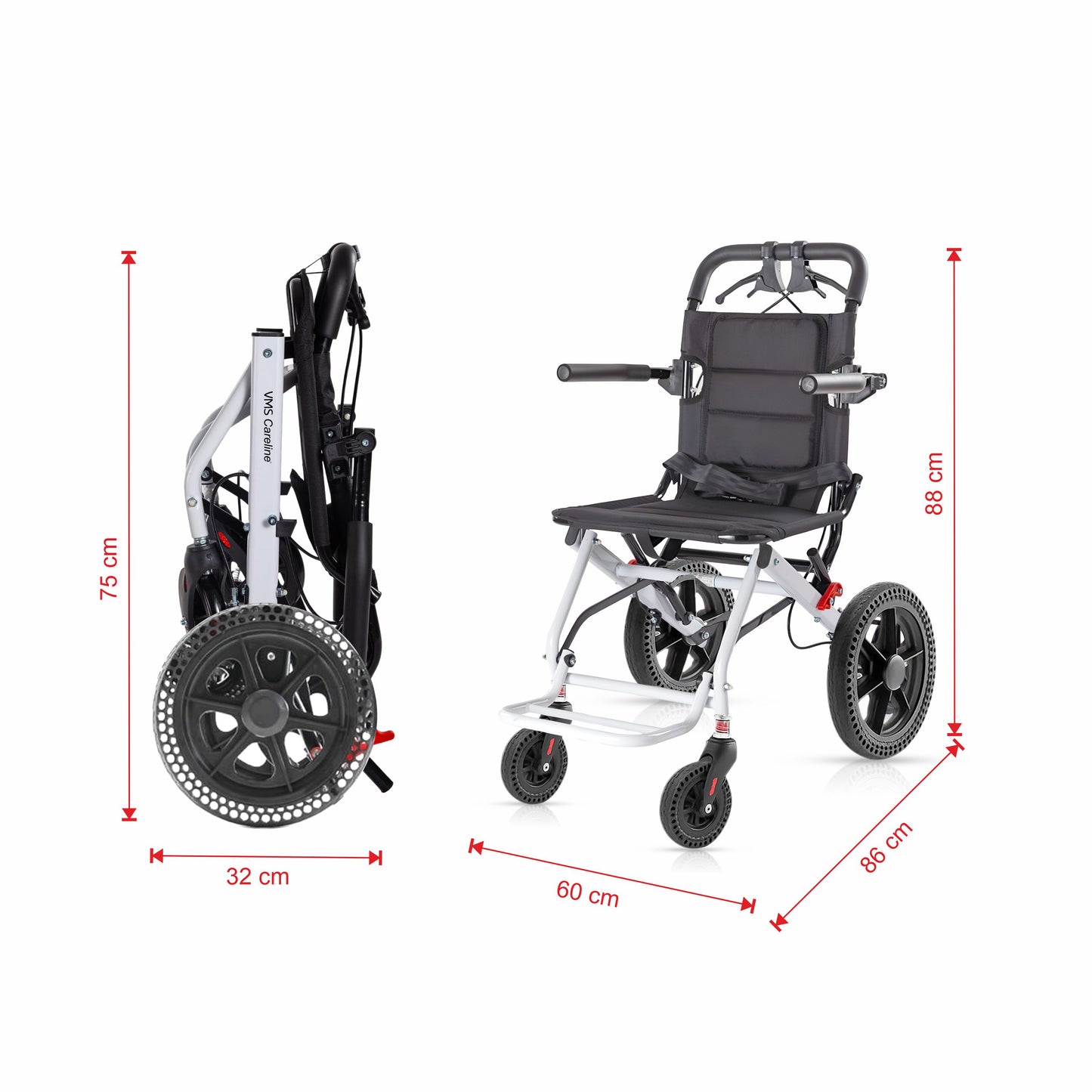 VMS Careline Foldable Portable Transit Wheelchair Airlite | 12” Honeycomb Wheels