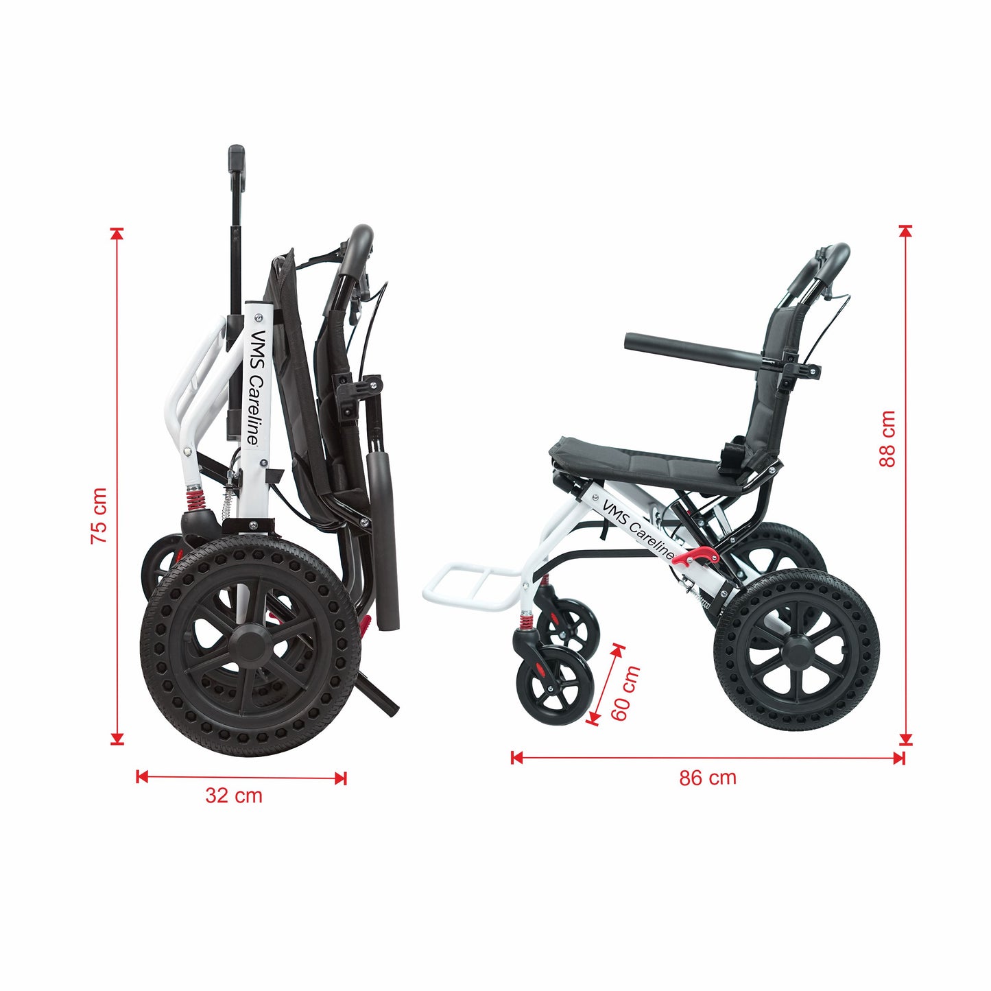 VMS Careline Foldable Portable Transit Wheelchair Airlite | 12” Honeycomb Wheels