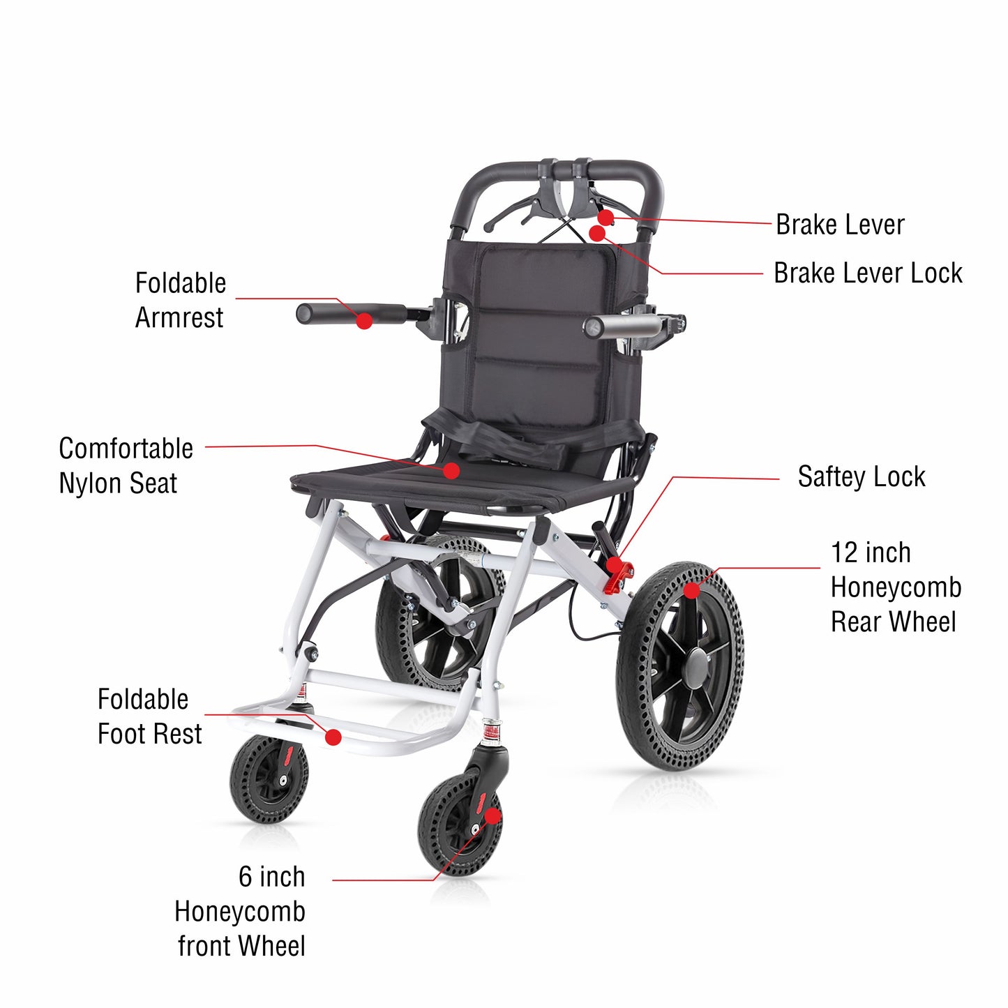 VMS Careline Foldable Portable Transit Wheelchair Airlite | 12” Honeycomb Wheels