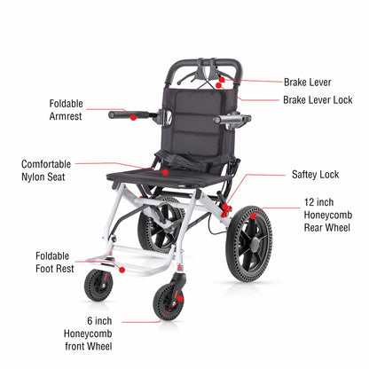 VMS Careline Foldable Portable Transit Wheelchair Airlite | 12” Honeycomb Wheels