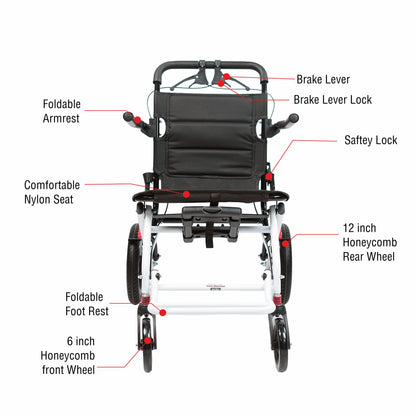 VMS Careline Foldable Portable Transit Wheelchair Airlite | 12” Honeycomb Wheels