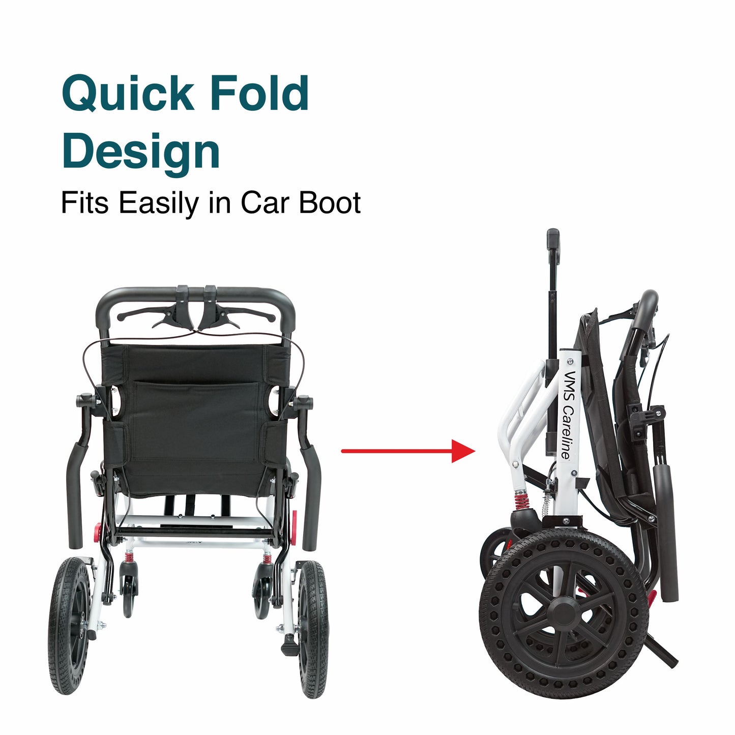 VMS Careline Foldable Portable Transit Wheelchair Airlite | 12” Honeycomb Wheels