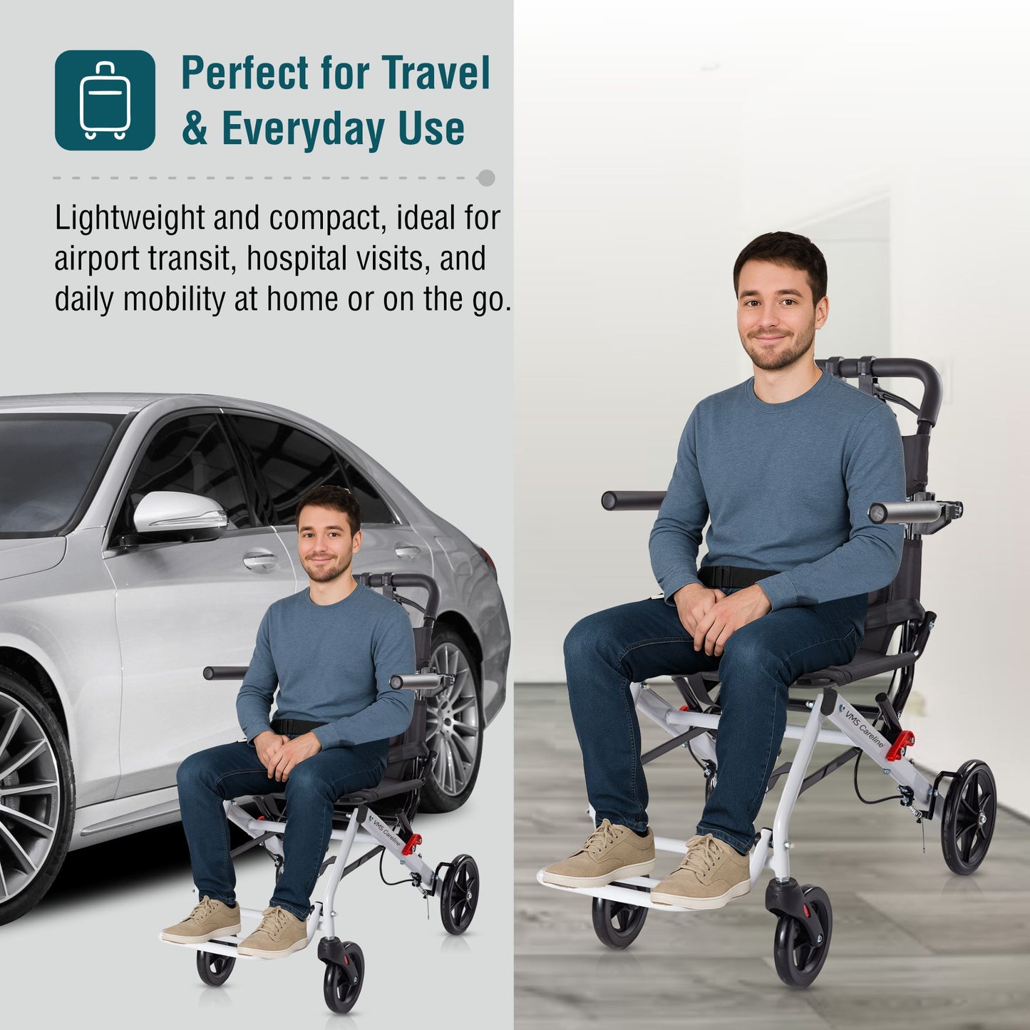 VMS Careline Foldable Portable Transit Wheelchair Airlite - White