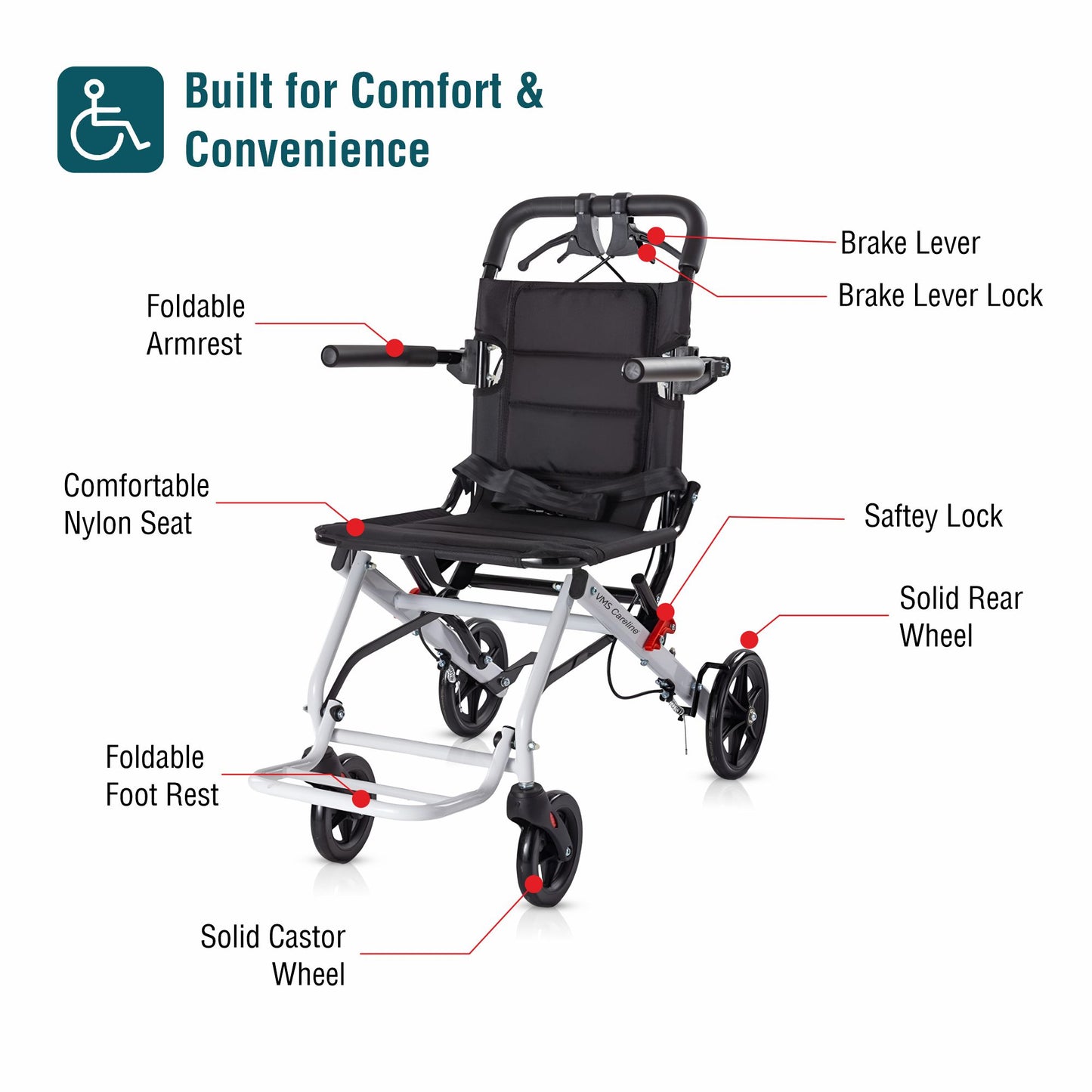 VMS Careline Foldable Portable Transit Wheelchair Airlite - White