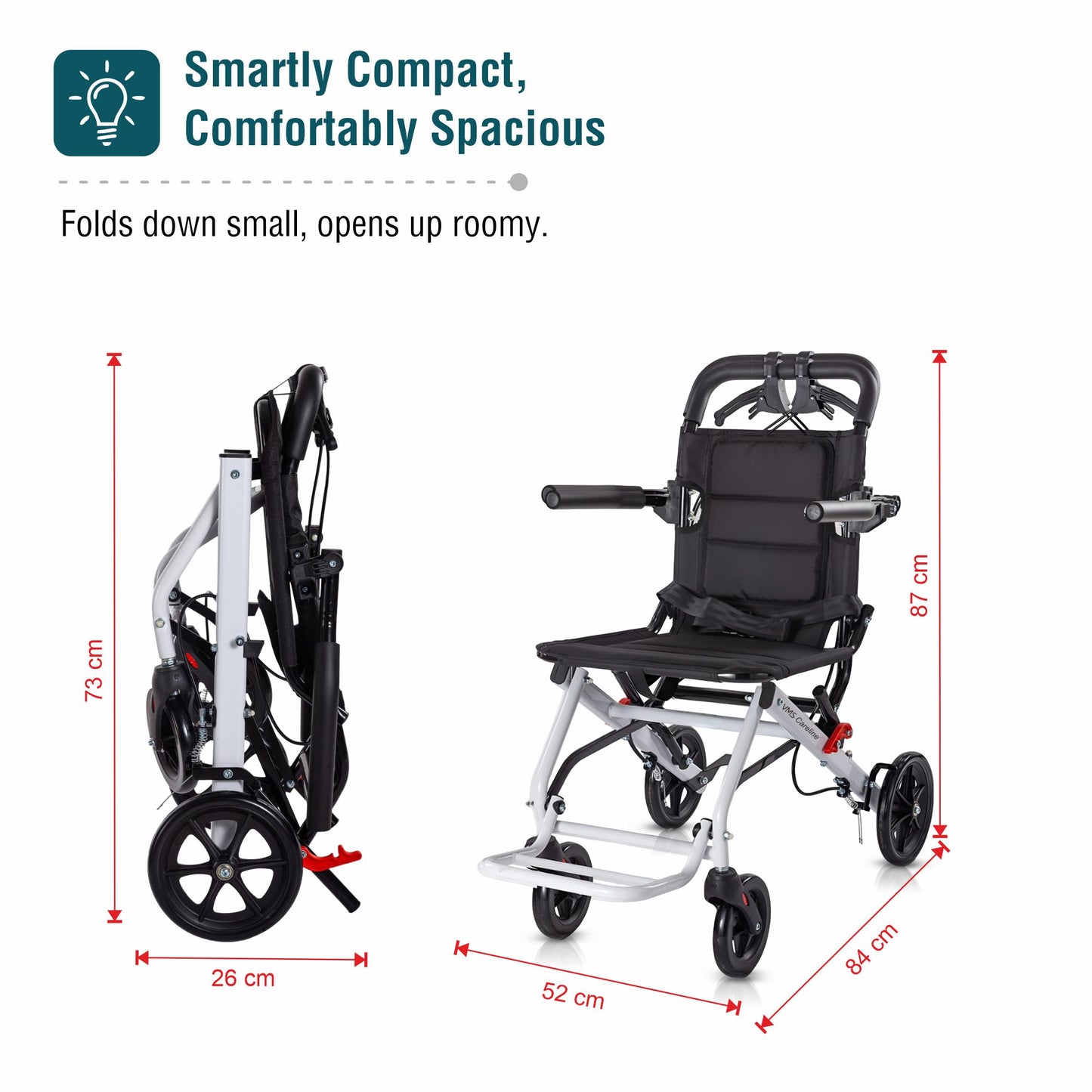 VMS Careline Foldable Portable Transit Wheelchair Airlite - White