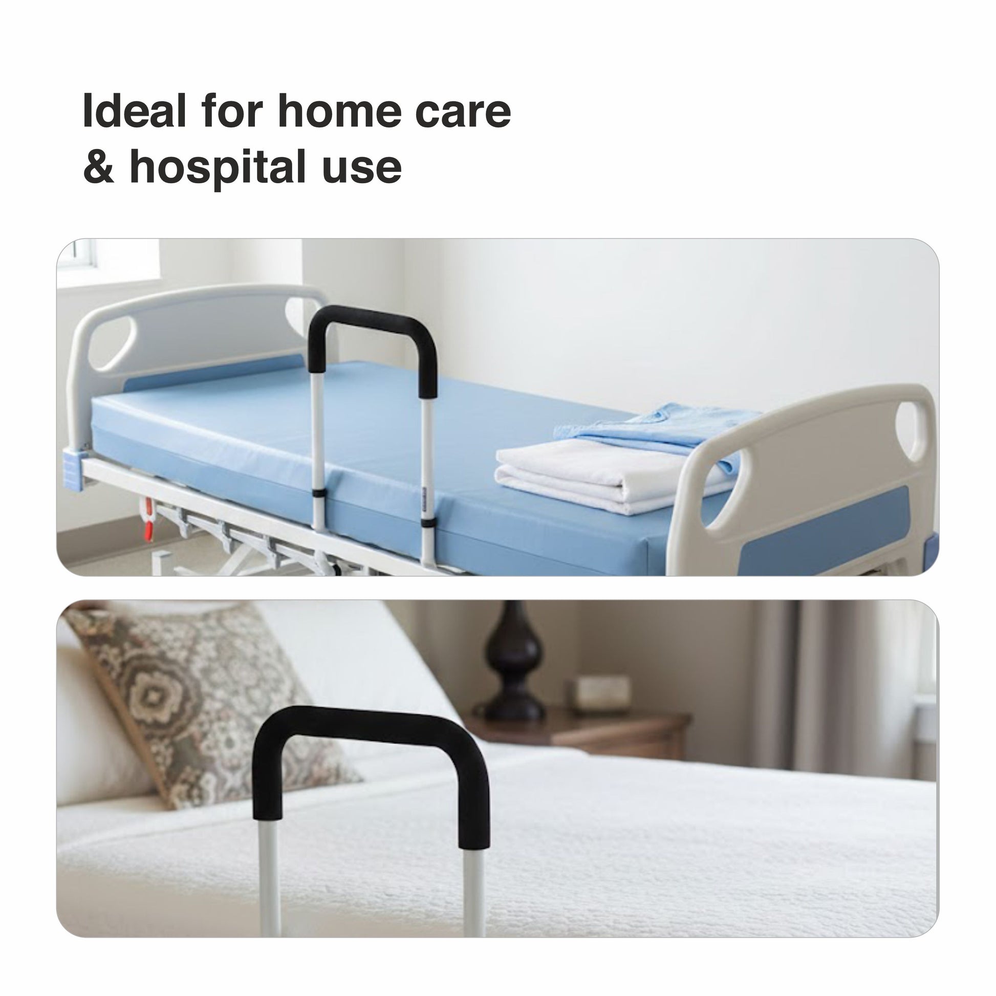 VMS Careline Hospital bed with blue mattress and black rail, ideal for home care and hospital use.