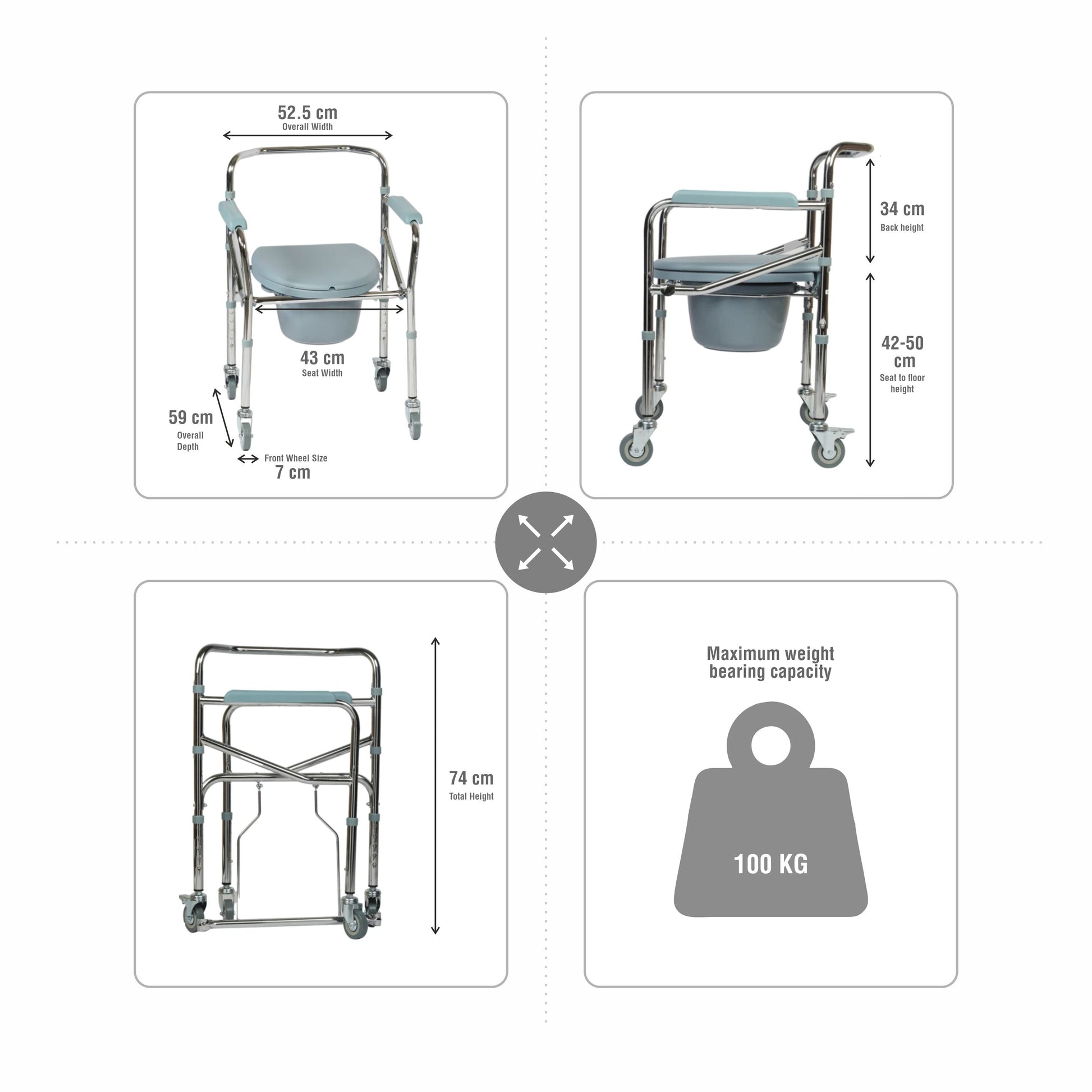 VMS Careline Foldable Chrome Plated Commode Wheelchair Dimension