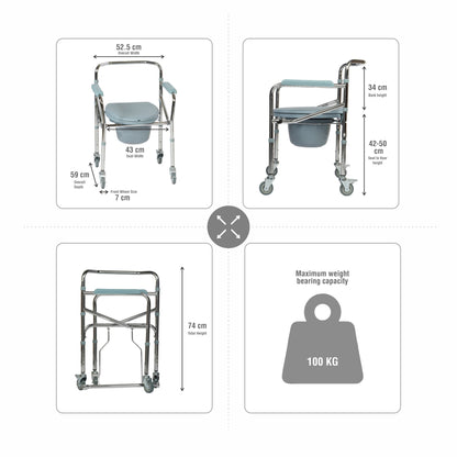 VMS Careline Foldable Chrome Plated Commode Wheelchair Dimension