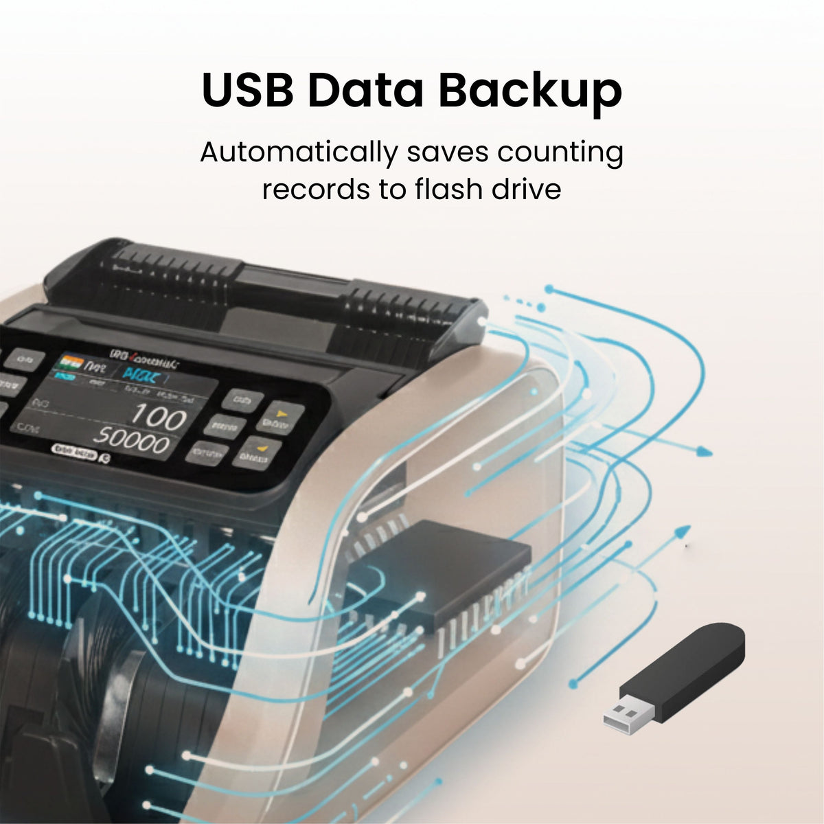 Money counting machine with USB data backup feature