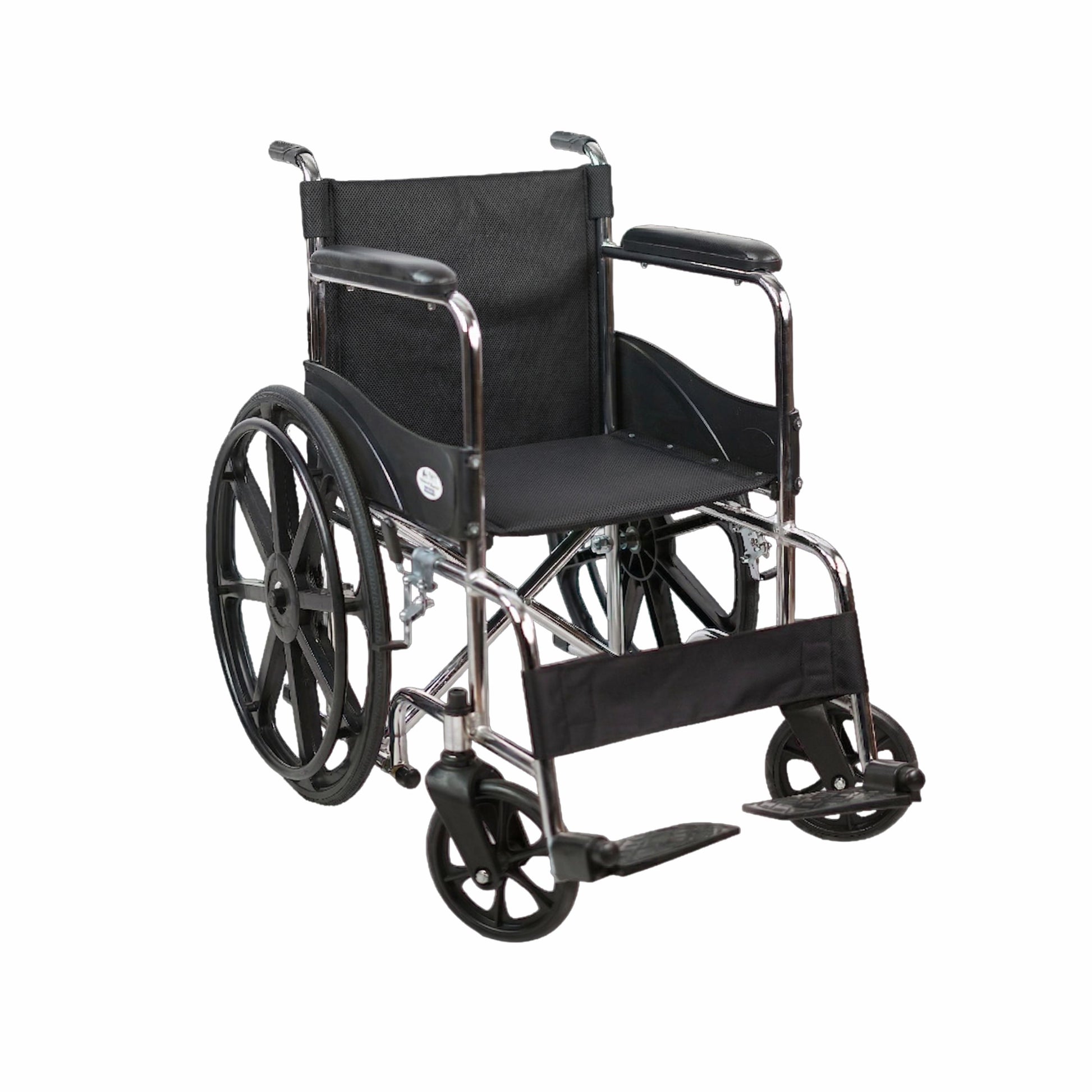 Black wheelchair with silver frame on a white background