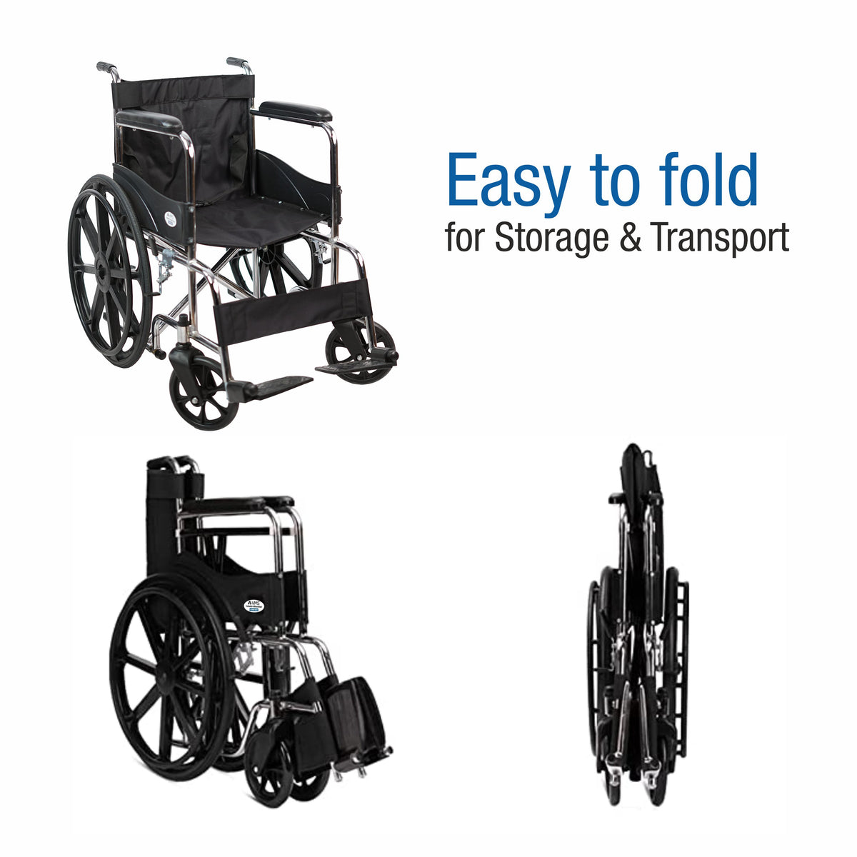 Foldable wheelchair with text 'Easy to fold for Storage & Transport' on a white background