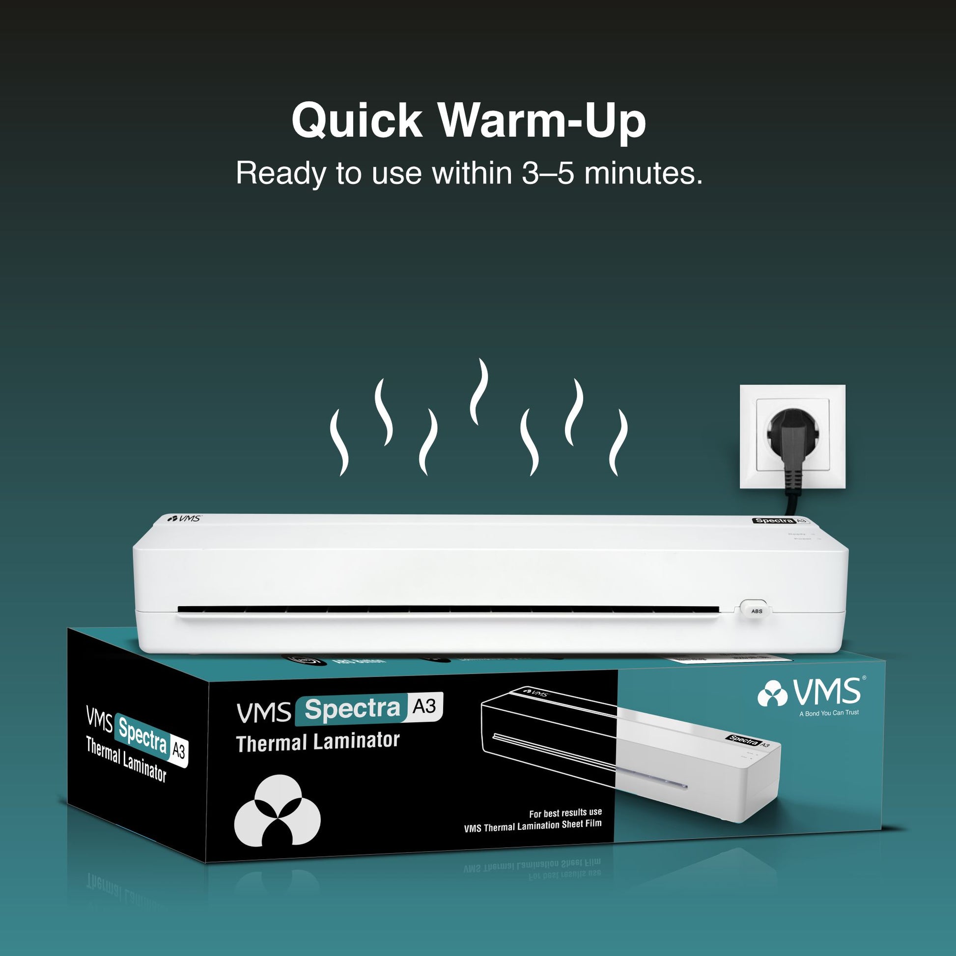VMS Spectra A3 thermal laminator with quick warm-up feature