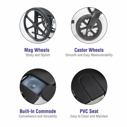 VMS Careline Foldable Commode Wheelchair DELUXE U Shaped Seat