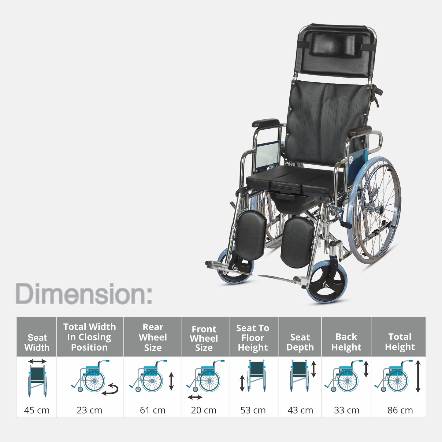 VMS Careline Foldable Recliner Commode Wheelchair RECLAIM Dimension