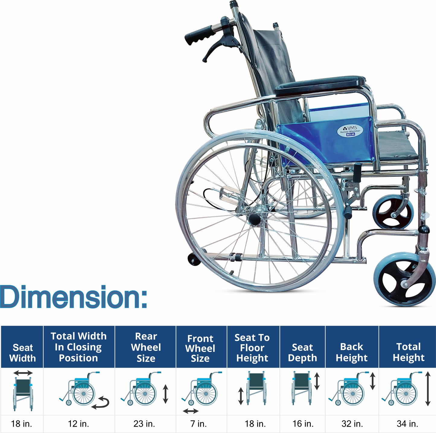 VMS Careline Foldable Recliner Wheelchair RELAX Dimension