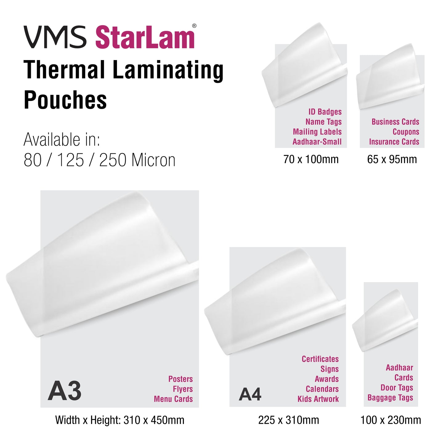 VMS StarLam thermal laminating pouches with dimensions and uses