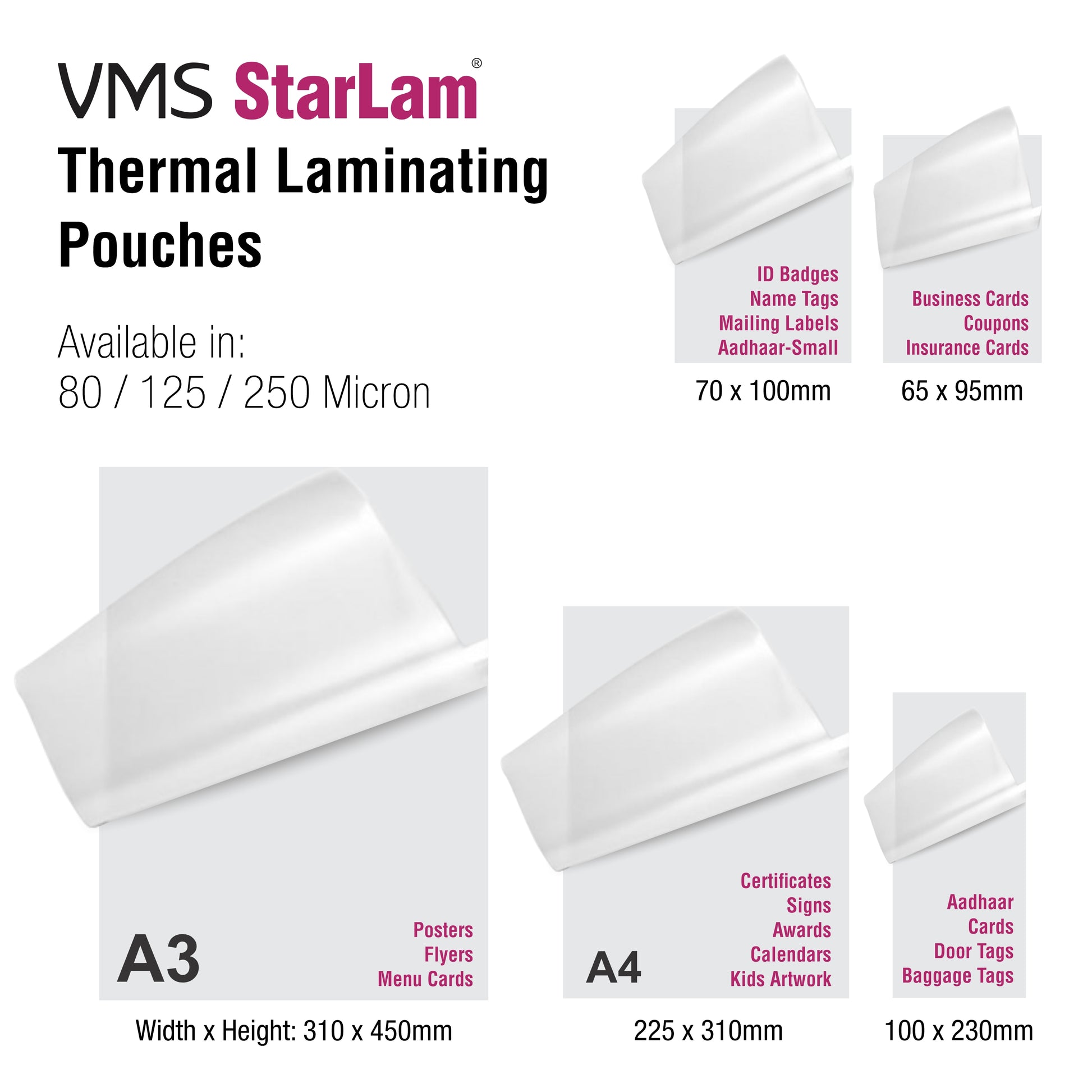 VMS StarLam thermal laminating pouches with dimensions and uses