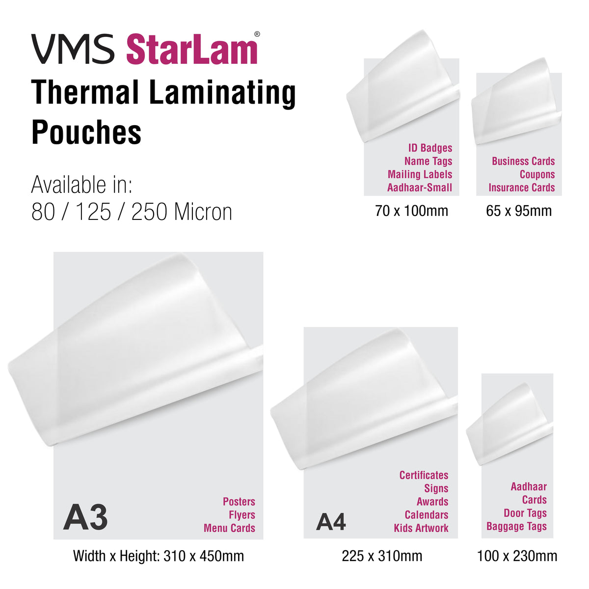 VMS StarLam thermal laminating pouches with dimensions and uses
