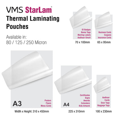 VMS StarLam thermal laminating pouches with dimensions and uses