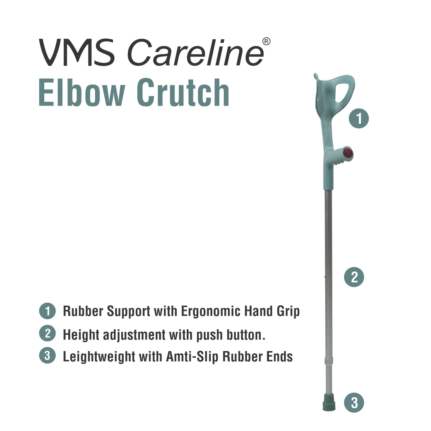 VMS Careline Elbow Crutch Walking Cane Features - Rubber Support with Ergonomic Hand Grip, Height Adjustment with push button, Lightweight with Amit Slip Rubber Ends