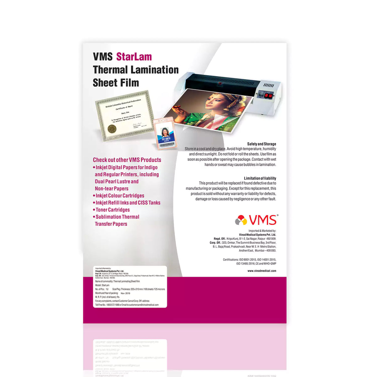 VMS StarLam Laminating Pouch-225x310mm-125Mic-100 Sheets-Back