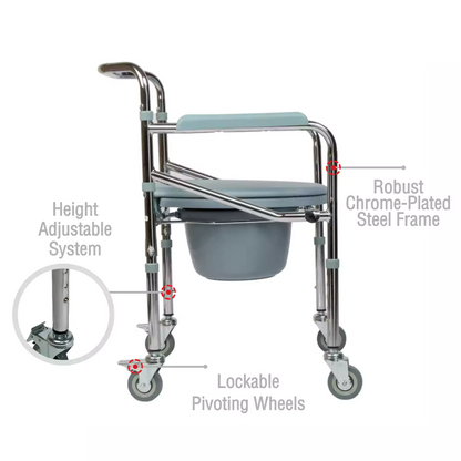 VMS Careline Foldable Commode Wheelchair STANDARD Features-Height System, Lockable Pivoting Wheels, Robust Chrome Plated Steel Frame, lockable Pivoting Wheels