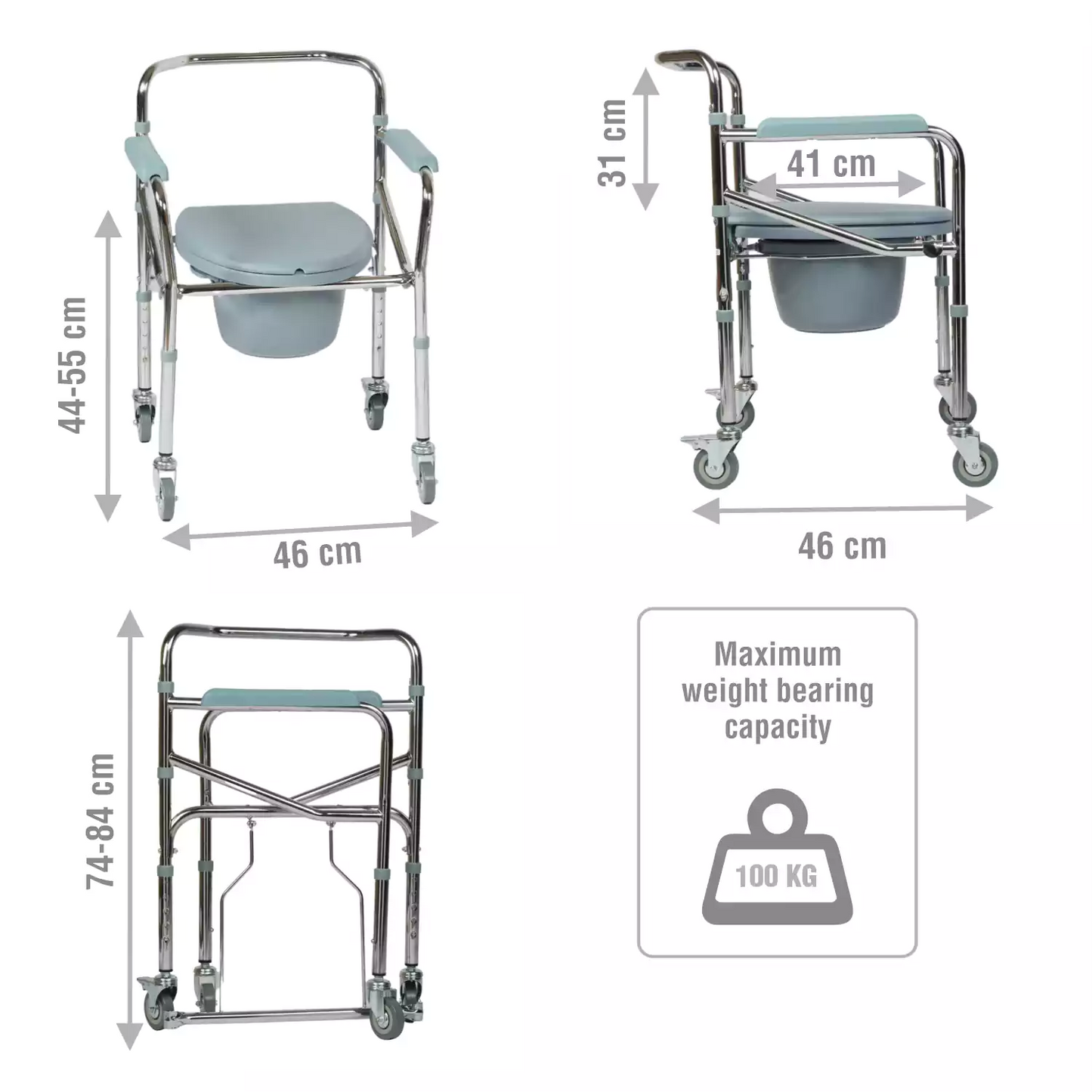 VMS Careline Foldable Commode Wheelchair STANDARD Dimensions 