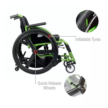 VMS Careline Foldable Sports Wheelchair LEISURE Features- Inflatable Tyres, Quick Release Wheels