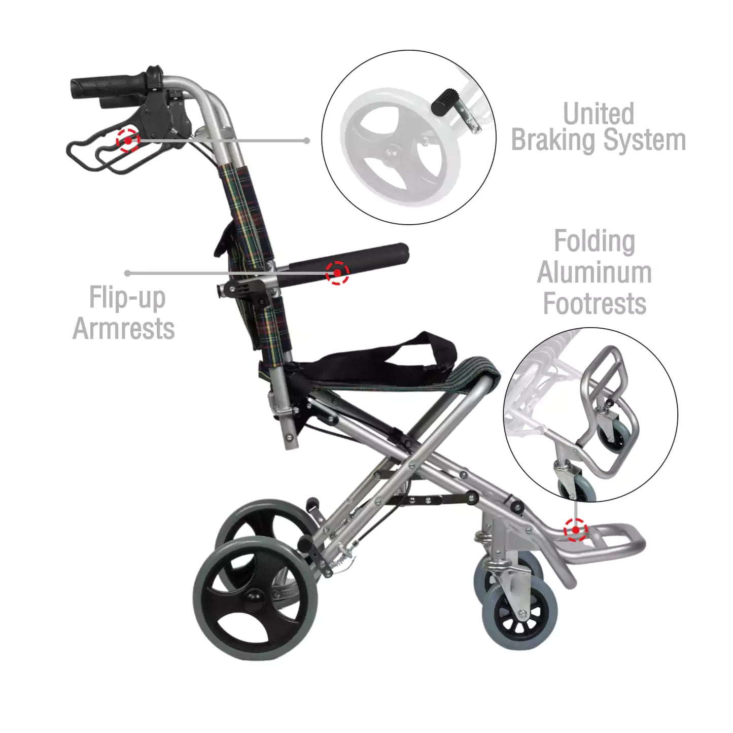 VMS Careline Foldable Transit Wheelchair TRIP Features - Flip up Armrests, United Braking System, Folding Aluminium Footrests 