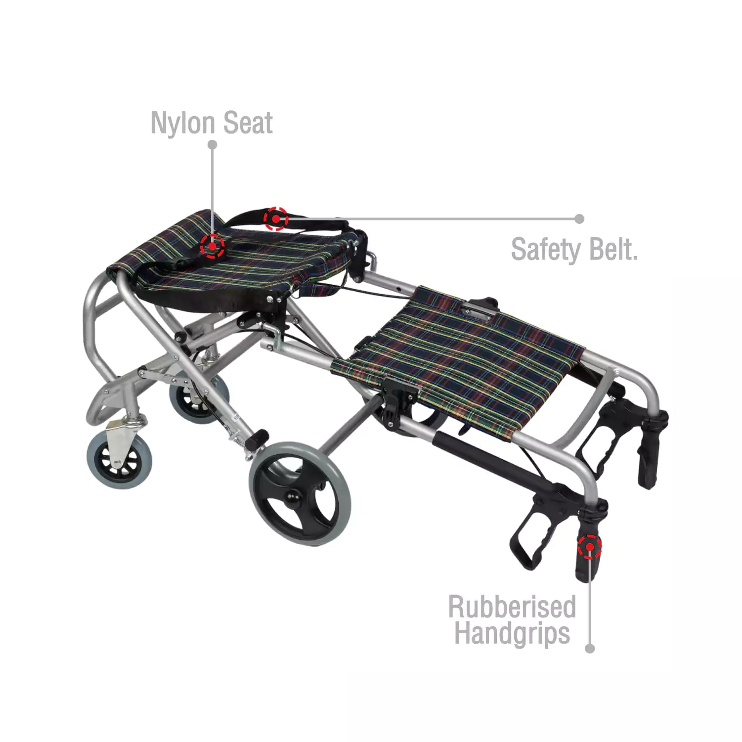 VMS Careline Foldable Transit Wheelchair TRIP Features - Nylon Seat, Safety Belt, Rubberized Handgrip