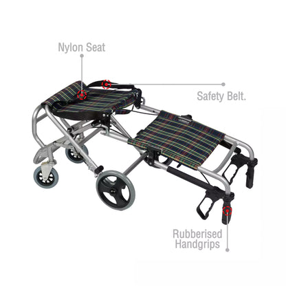 VMS Careline Foldable Transit Wheelchair TRIP Features - Nylon Seat, Safety Belt, Rubberized Handgrip