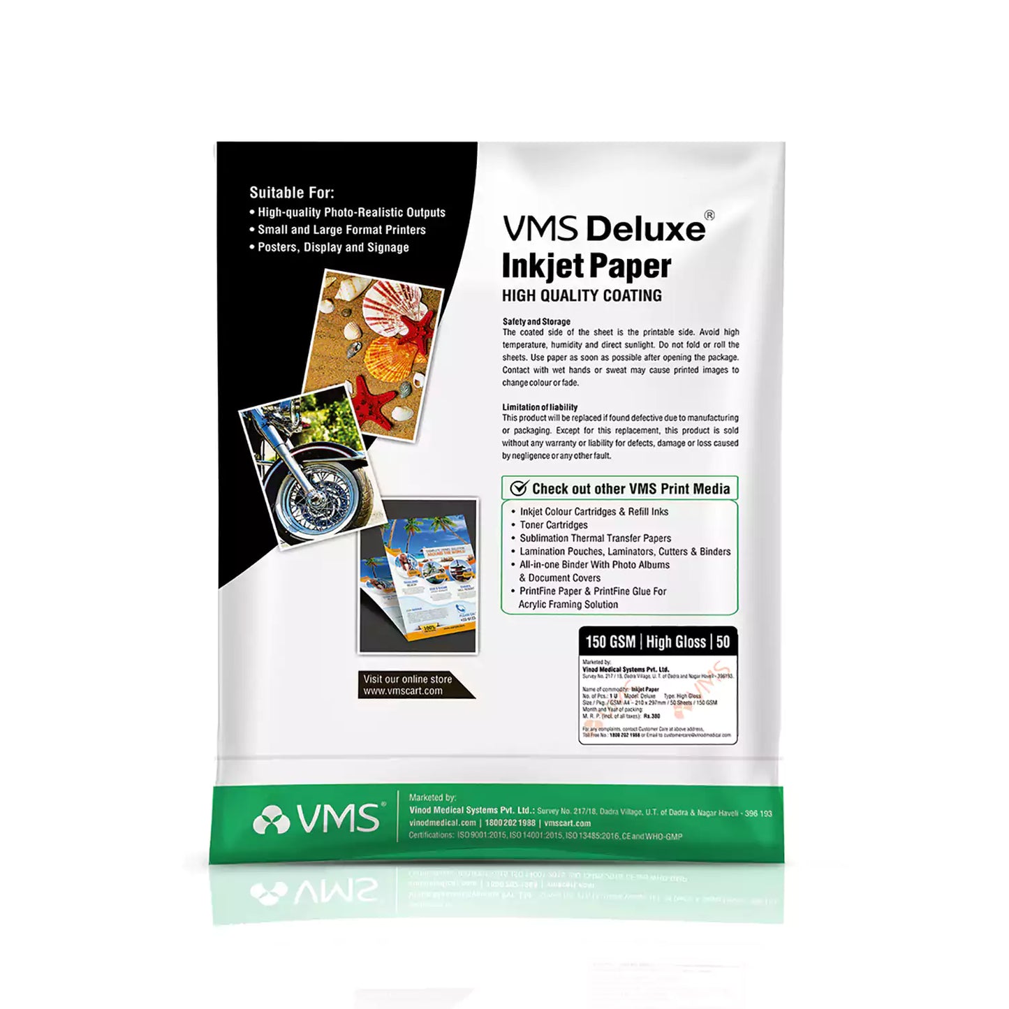 VMS Deluxe 150 GSM A4 Glossy Photo Paper 50 Sheets Pack Back