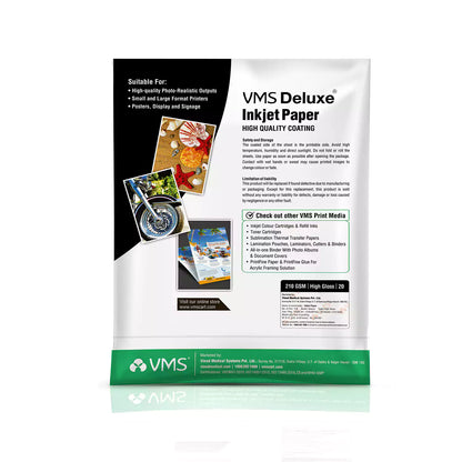 VMS Deluxe 210 GSM A4 Glossy Photo Paper 20 Sheets Pack Back