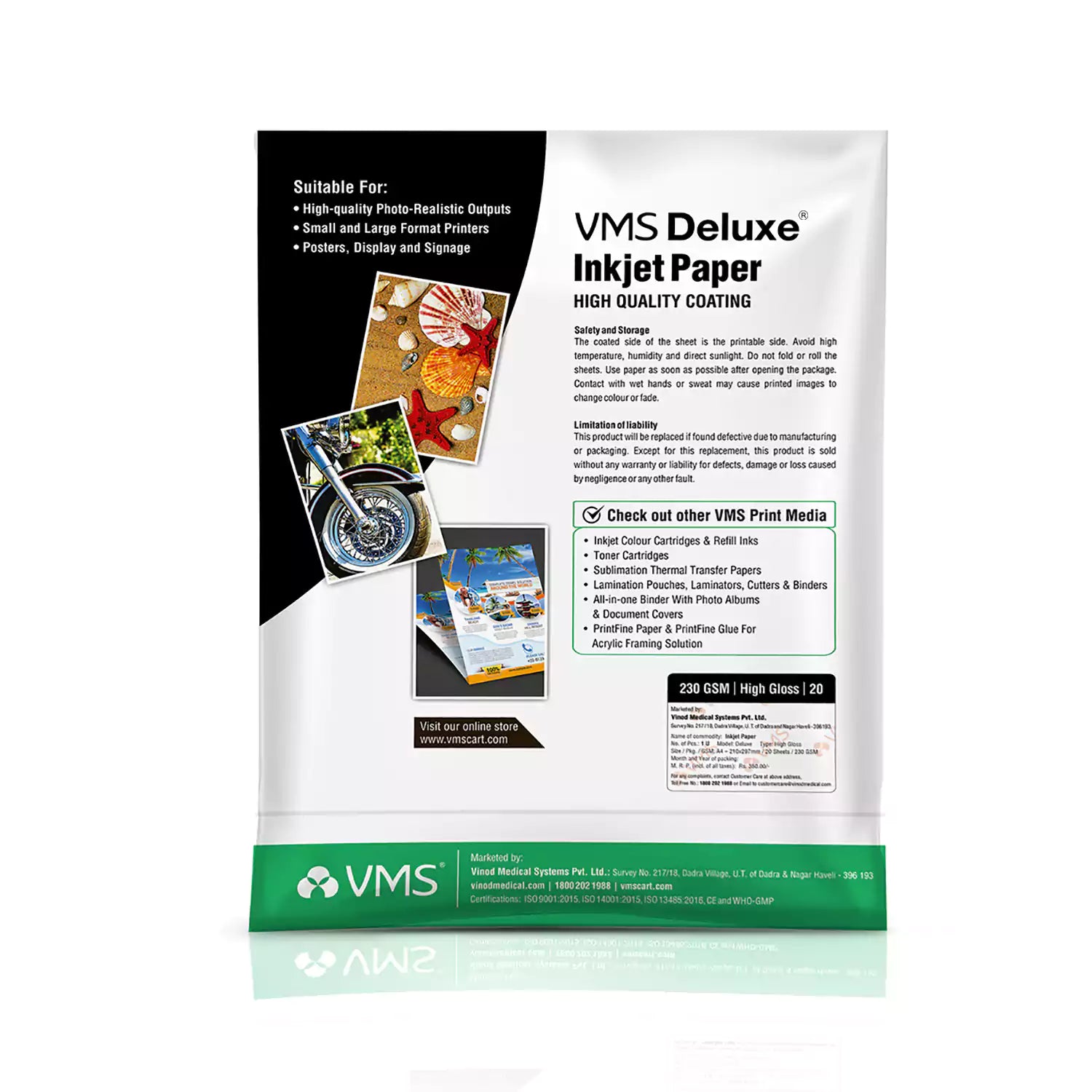 VMS Deluxe 230 GSM A4 Glossy Photo Paper 20 Sheets Pack Back