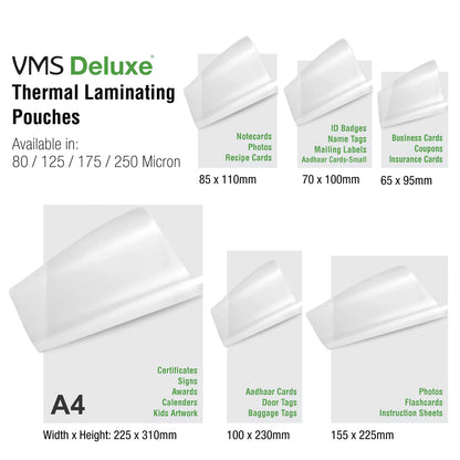 VMS Deluxe Laminating Pouch-65x95mm-175Mic-Pack of 2-200 Sheets-All Size with different works 