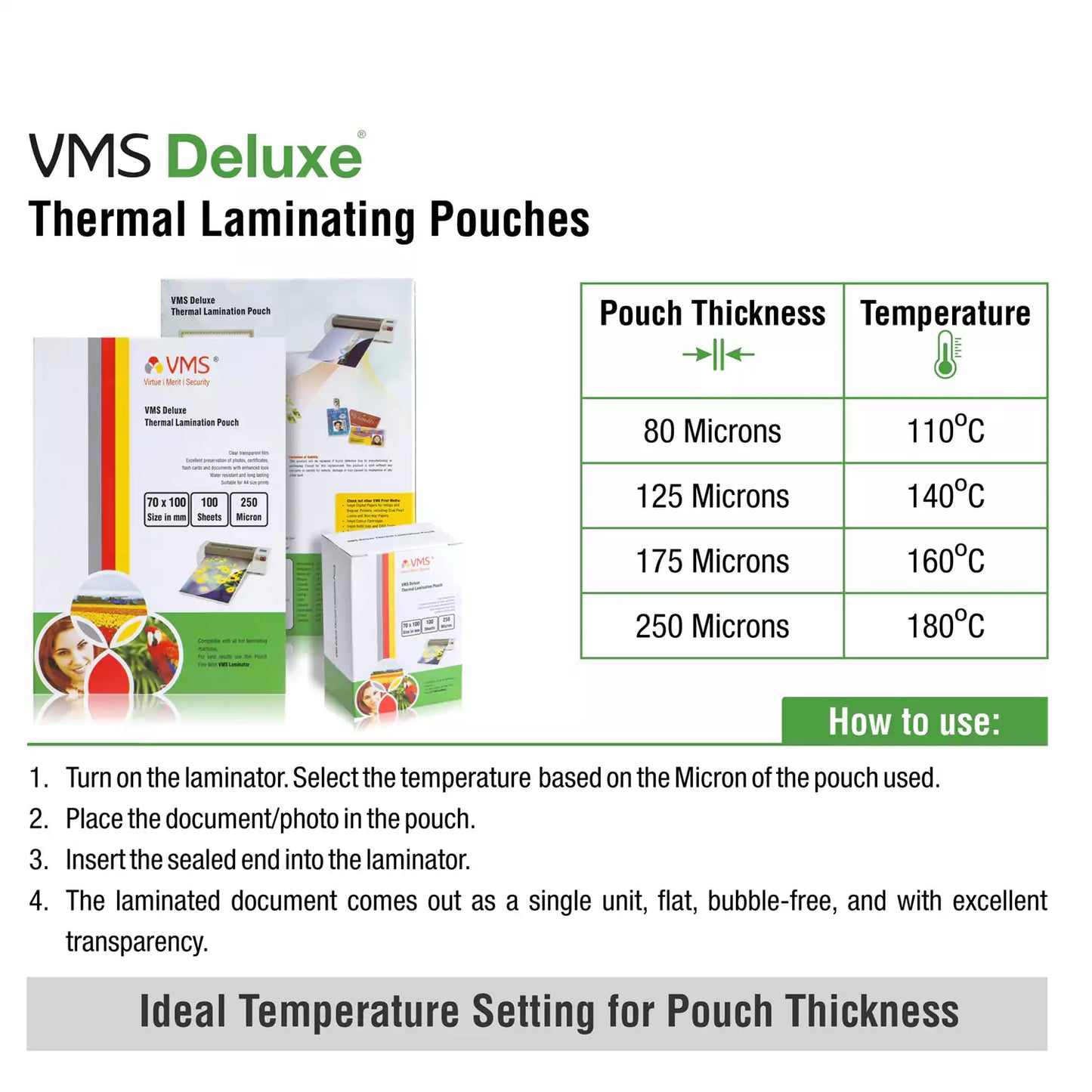 VMS Deluxe Laminating Pouch-65x95mm-175Mic-Pack of 2-200 Sheets-Temperature Settings