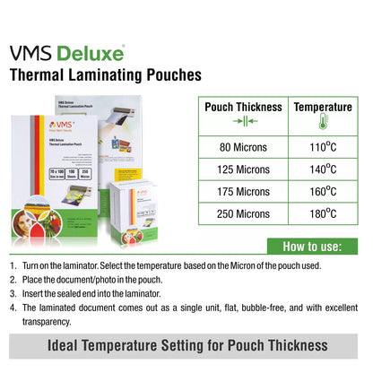 VMS Deluxe Laminating Pouch-65x95mm-175Mic-Pack of 2-200 Sheets-Temperature Settings